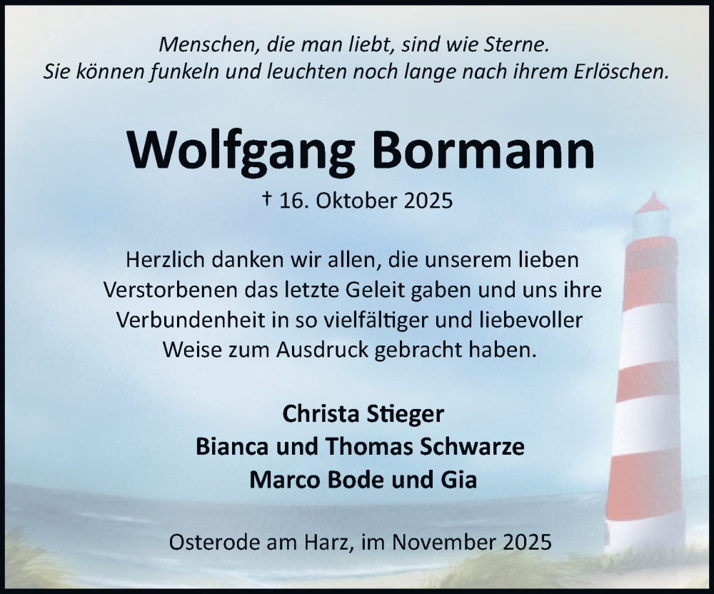  Traueranzeige für Wolfgang Bormann vom 22.11.2025 aus Harz Kurier