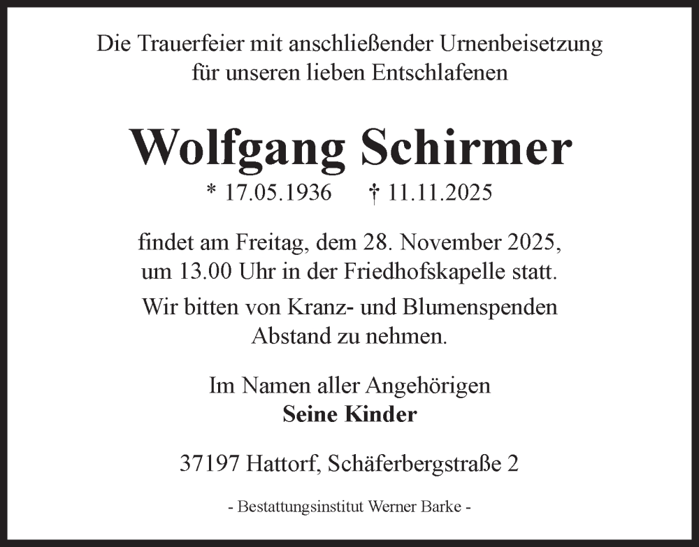  Traueranzeige für Wolfgang Schirmer vom 22.11.2025 aus Harz Kurier