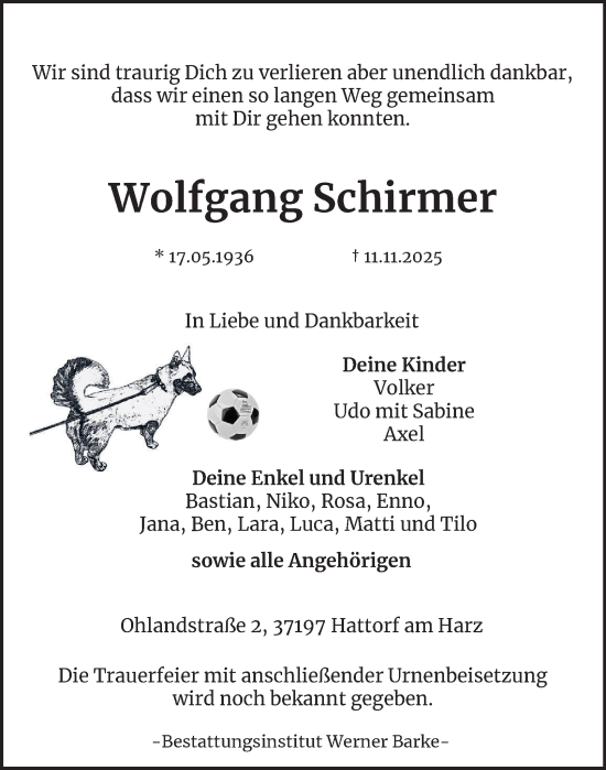 Traueranzeige von Wolfgang Schirmer von Harz Kurier