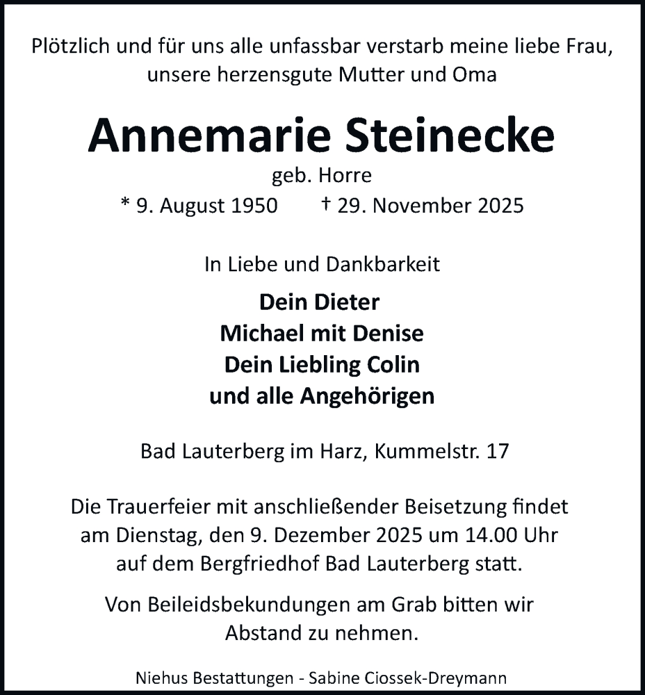  Traueranzeige für Annemarie Steinecke vom 06.12.2025 aus Harz Kurier