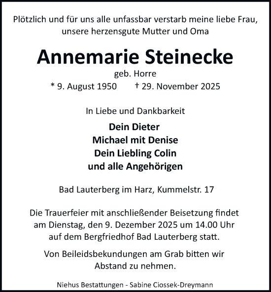 Traueranzeige von Annemarie Steinecke von Harz Kurier