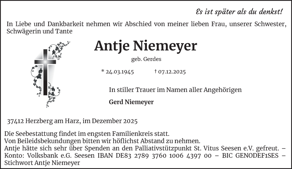 Traueranzeige für Antje Niemeyer vom 13.12.2025 aus Harz Kurier