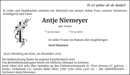 Traueranzeige von Antje Niemeyer von Harz Kurier