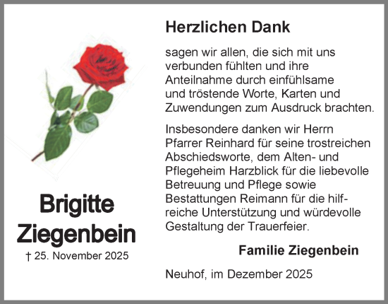 Traueranzeige von Brigitte Ziegenbein von Harz Kurier