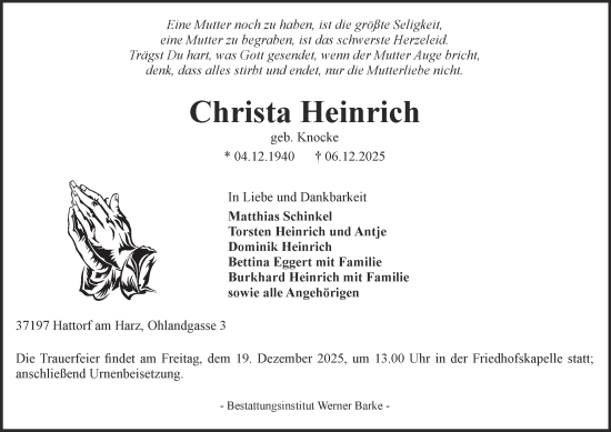 Traueranzeige von Christa Heinrich von Harz Kurier