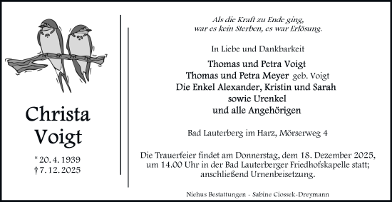 Traueranzeige von Christa Voigt von Harz Kurier