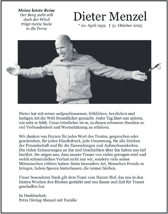 Traueranzeige von Dieter Menzel von Harz Kurier