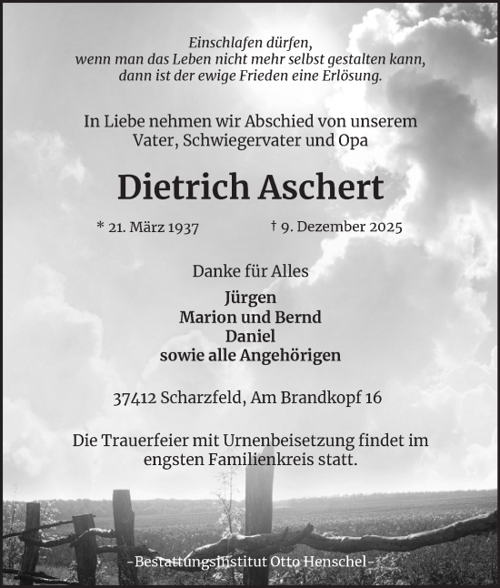 Traueranzeige von Dietrich Aschert von Harz Kurier