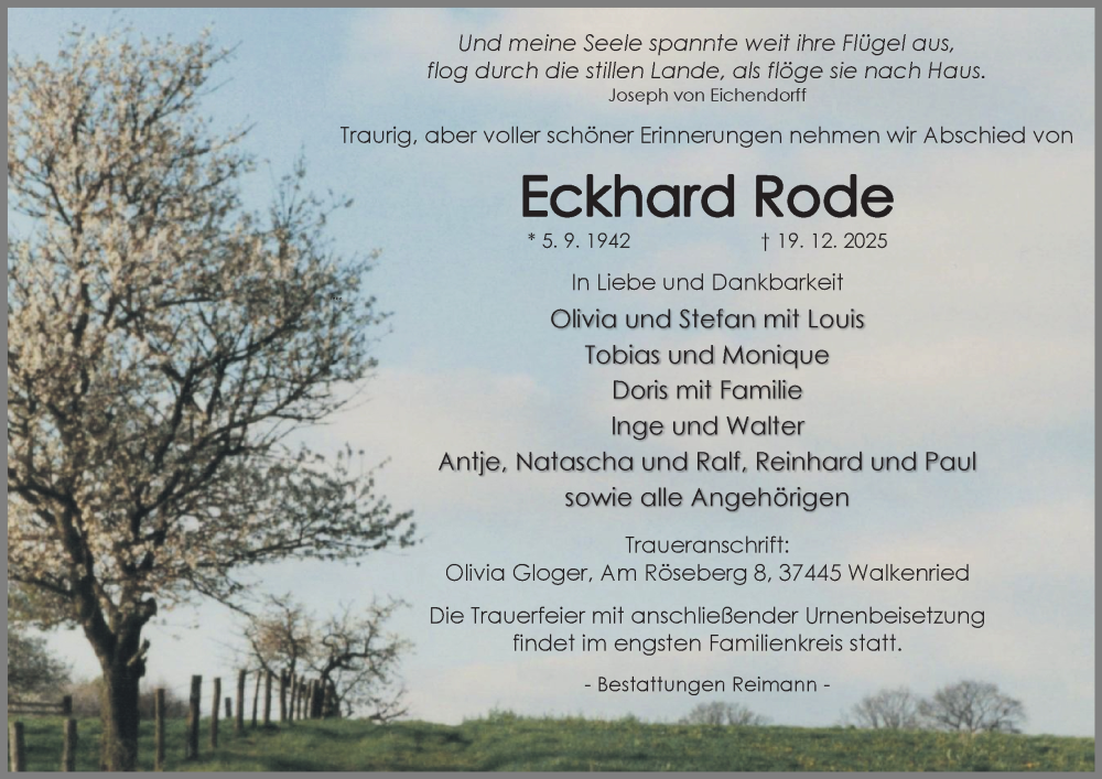  Traueranzeige für Eckhard Rode vom 27.12.2025 aus Harz Kurier