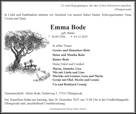 Traueranzeige von Emma Bode von Harz Kurier