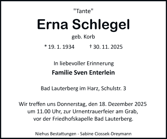 Traueranzeige von Erna Schlegel von Harz Kurier