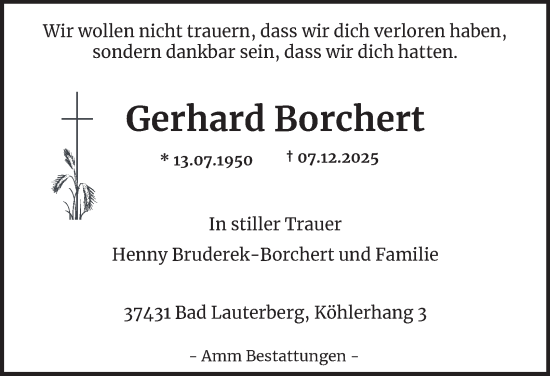 Traueranzeige von Gerhard Borchert von Harz Kurier