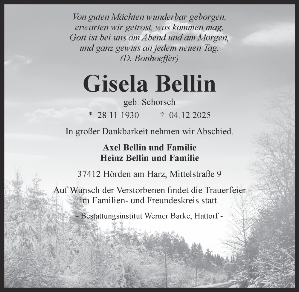  Traueranzeige für Gisela Bellin vom 13.12.2025 aus Harz Kurier