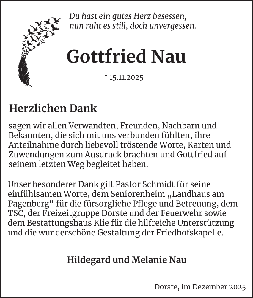  Traueranzeige für Gottfried Nau vom 06.12.2025 aus Harz Kurier