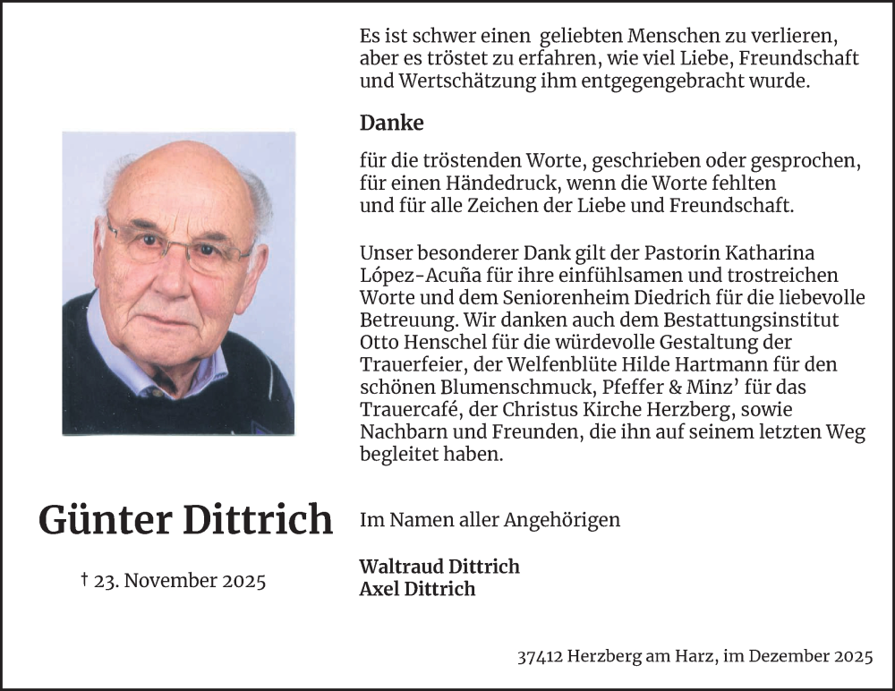  Traueranzeige für Günter Dittrich vom 13.12.2025 aus Harz Kurier