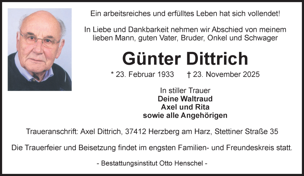  Traueranzeige für Günter Dittrich vom 06.12.2025 aus Harz Kurier