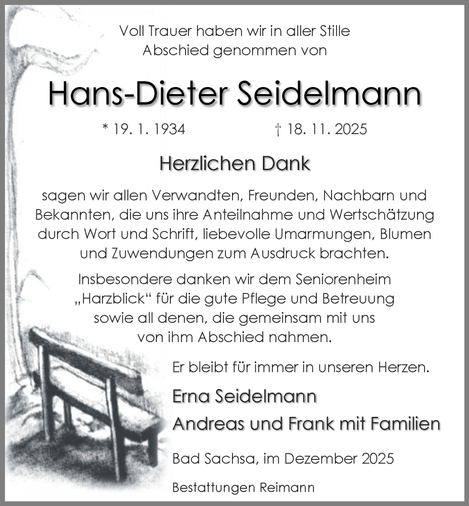  Traueranzeige für Hans-Dieter Seidelmann vom 20.12.2025 aus Harz Kurier