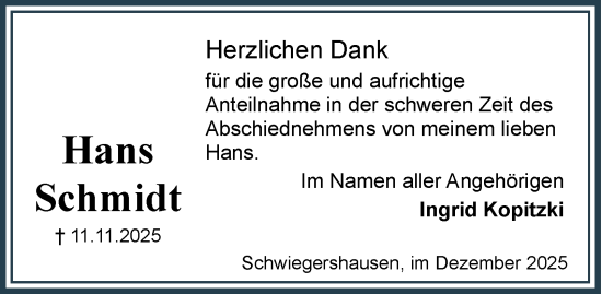Traueranzeige von Hans Schmidt von Harz Kurier