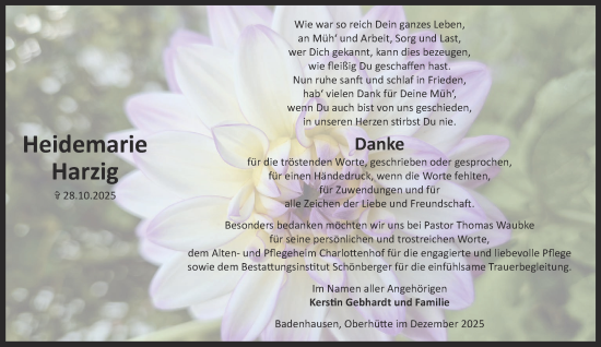 Traueranzeige von Heidemarie Harzig von Harz Kurier