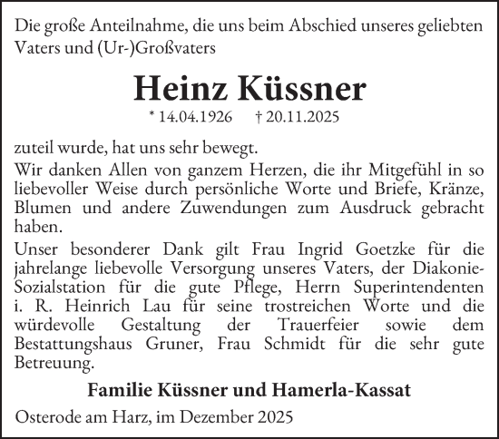 Traueranzeige von Heinz Küssner von Harz Kurier