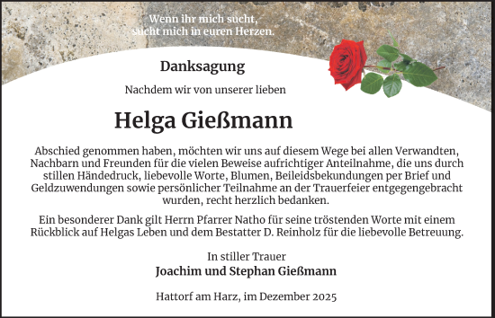 Traueranzeige von Helga Gießmann von Harz Kurier