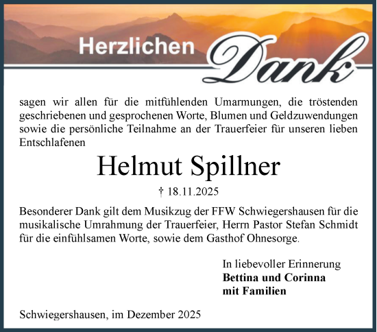 Traueranzeige von Helmut Spillner von Harz Kurier
