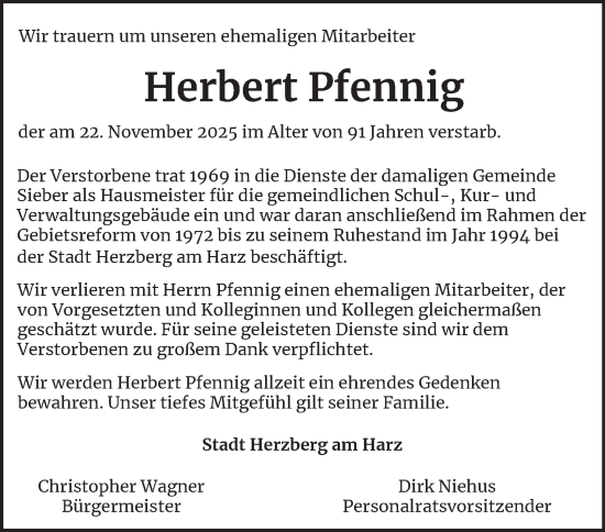 Traueranzeige von Herbert Pfennig von Harz Kurier