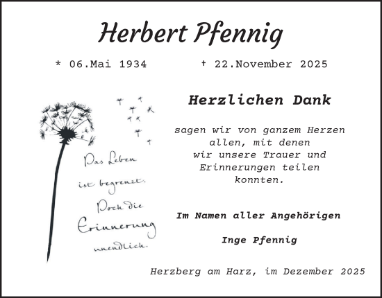 Traueranzeige von Herbert Pfennig von Harz Kurier