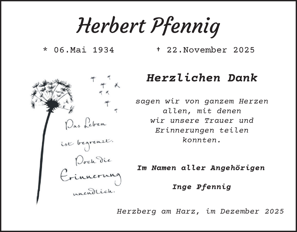  Traueranzeige für Herbert Pfennig vom 24.12.2025 aus Harz Kurier
