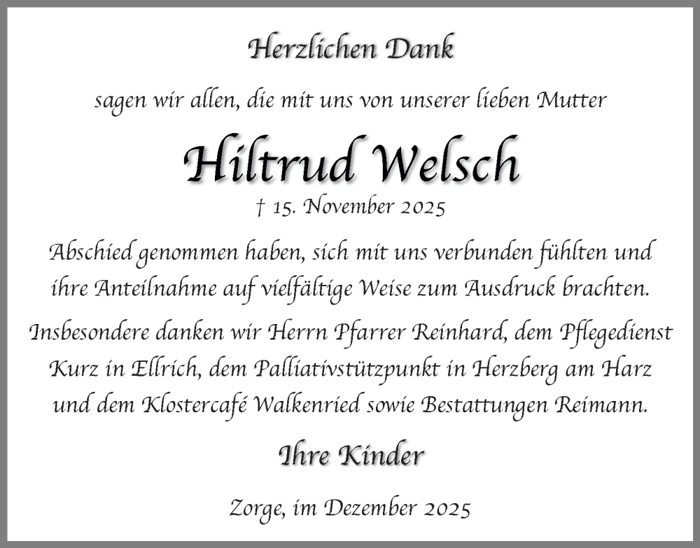  Traueranzeige für Hiltrud Welsch vom 27.12.2025 aus Harz Kurier