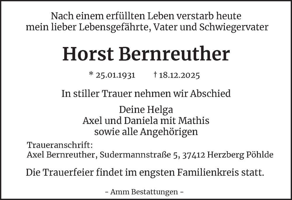  Traueranzeige für Horst Bernreuther vom 27.12.2025 aus Harz Kurier