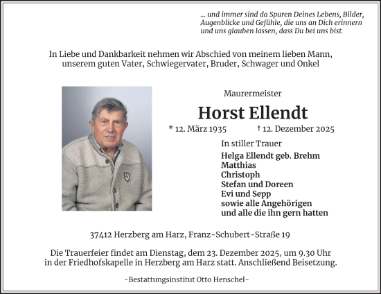Traueranzeige von Horst Ellendt von Harz Kurier