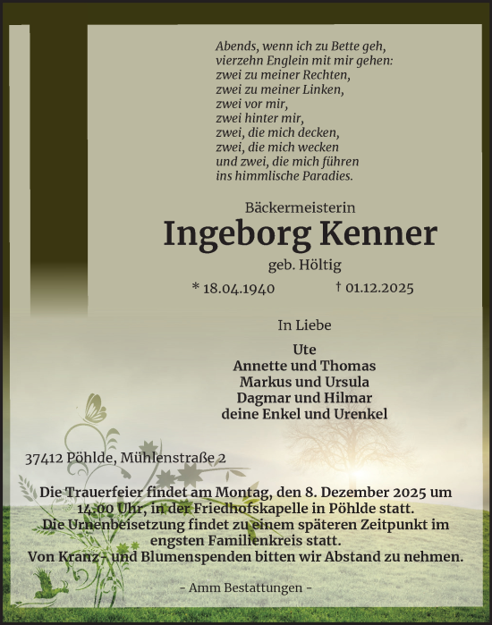 Traueranzeige von Ingeborg Kenner von Harz Kurier