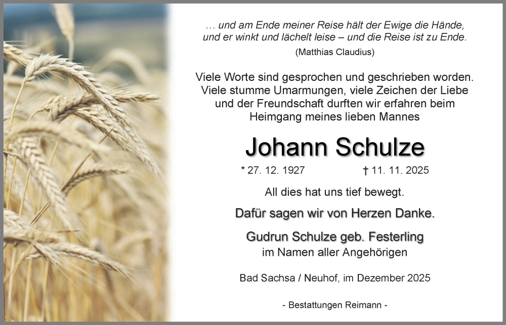  Traueranzeige für Johann Schulze vom 13.12.2025 aus Harz Kurier