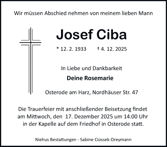 Traueranzeige von Josef Ciba von Harz Kurier