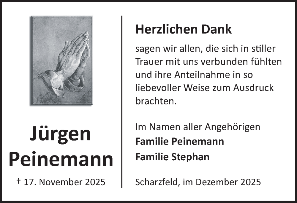  Traueranzeige für Jürgen Peinemann vom 13.12.2025 aus Harz Kurier