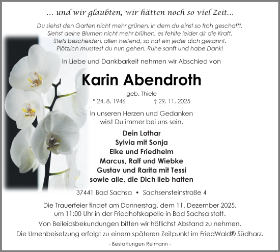 Traueranzeige von Karin Abendroth von Harz Kurier
