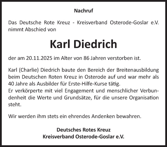 Traueranzeige von Karl Diedrich von Harz Kurier