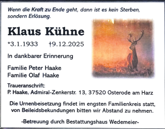 Traueranzeige von Klaus Kühne von Harz Kurier