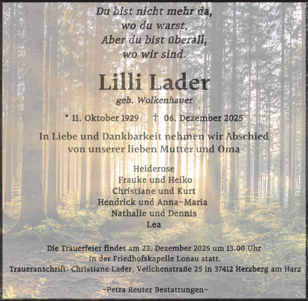  Traueranzeige für Lilli Lader vom 13.12.2025 aus Harz Kurier