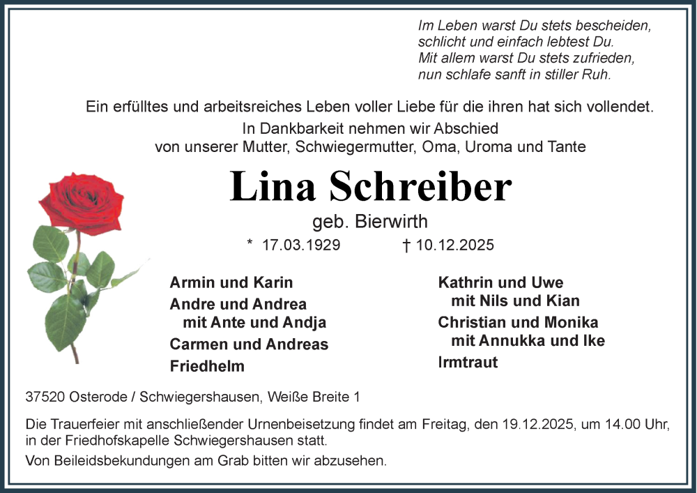 Traueranzeige für Lina Schreiber vom 17.12.2025 aus Harz Kurier