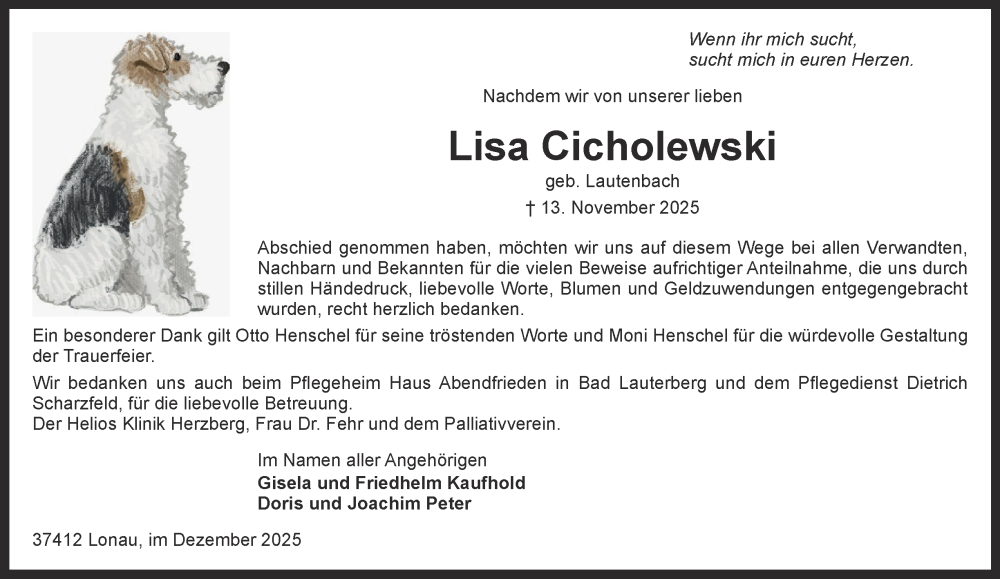  Traueranzeige für Lisa Cicholewski vom 13.12.2025 aus Harz Kurier