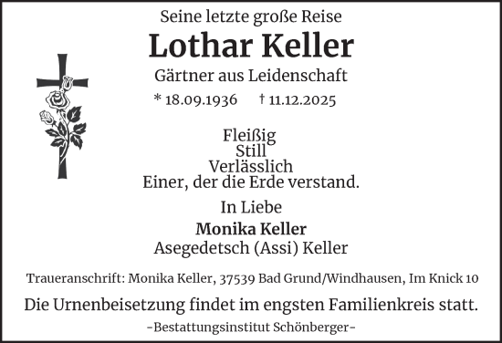 Traueranzeige von Lothar Keller von Harz Kurier
