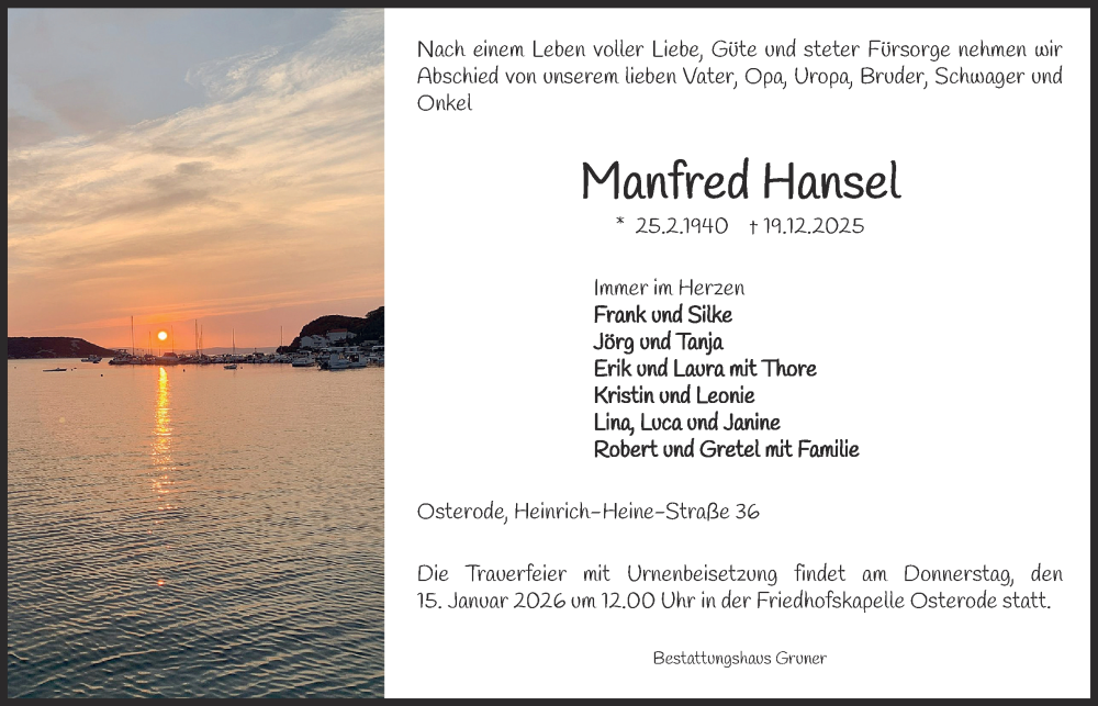  Traueranzeige für Manfred Hansel vom 27.12.2025 aus Harz Kurier