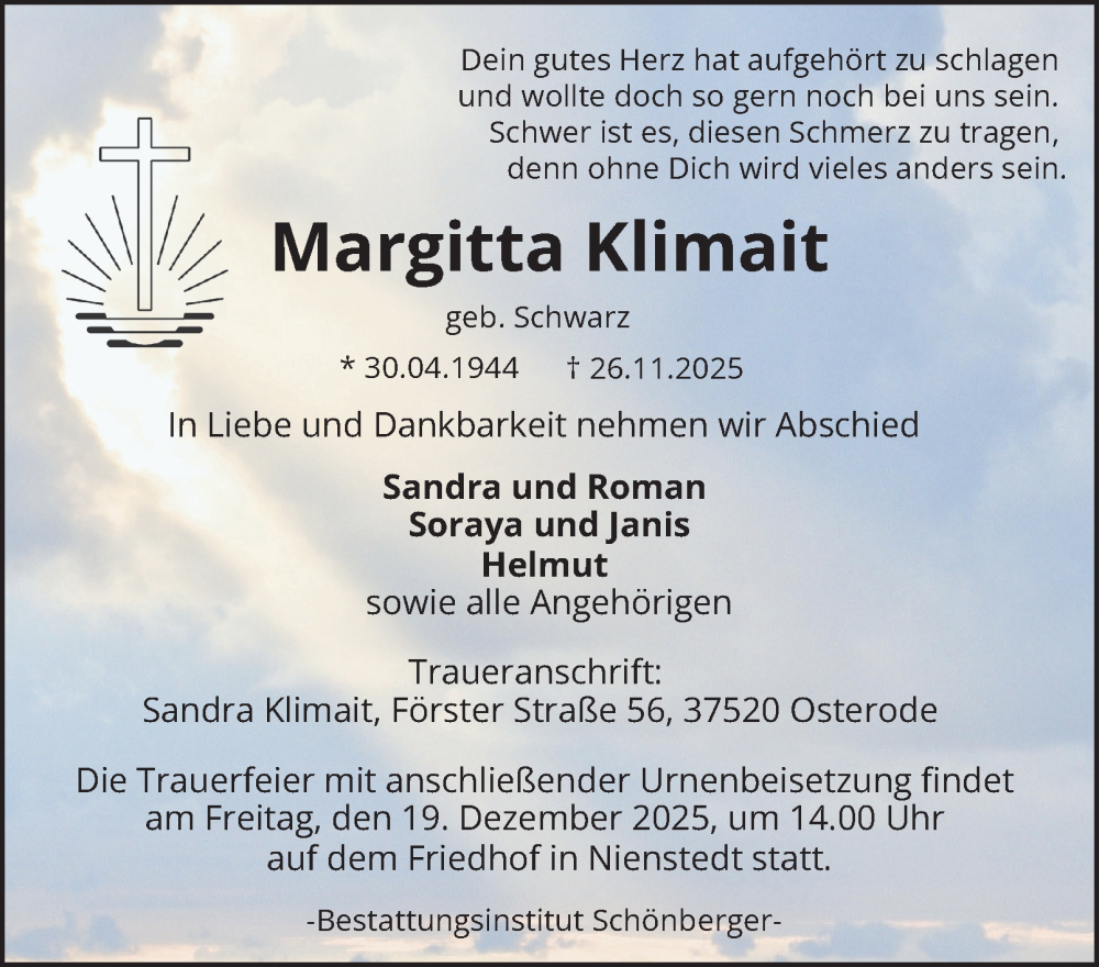  Traueranzeige für Margitta Klimait vom 06.12.2025 aus Harz Kurier