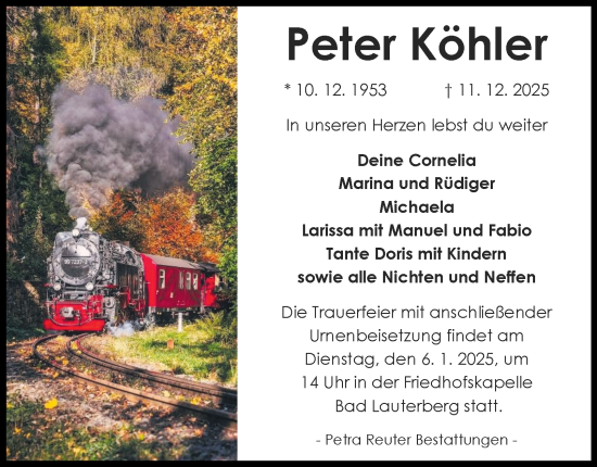 Traueranzeige von Peter Köhler von Harz Kurier