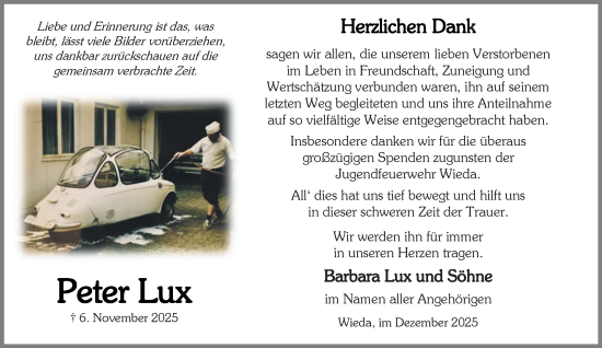 Traueranzeige von Peter Lux von Harz Kurier