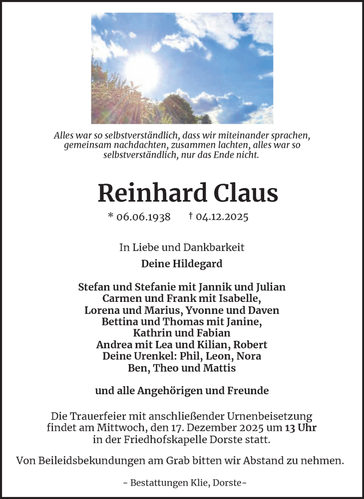  Traueranzeige für Reinhard Claus vom 13.12.2025 aus Harz Kurier