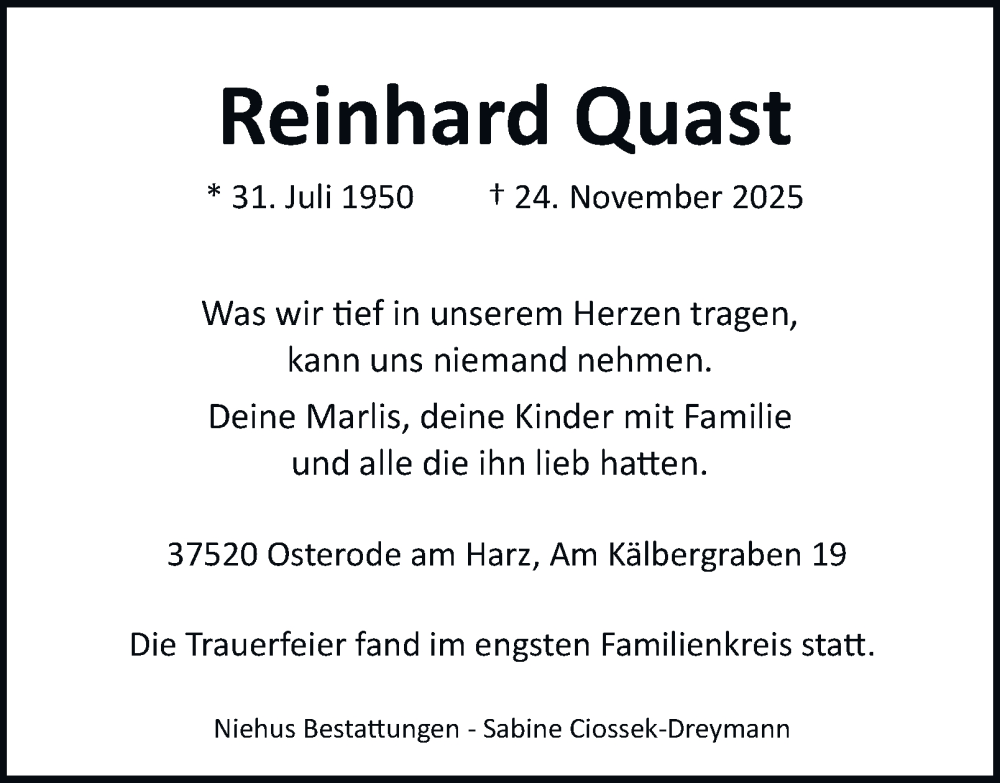  Traueranzeige für Reinhard Quast vom 27.12.2025 aus Harz Kurier