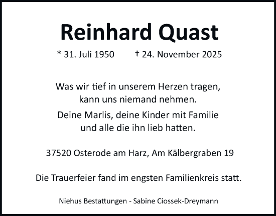 Traueranzeige von Reinhard Quast von Harz Kurier